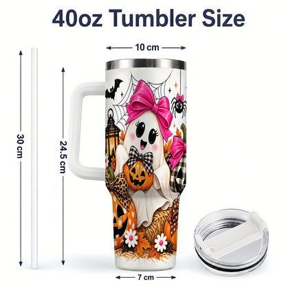#pl[40oz|White] Cute Halloween Ghost 40oz Handled Tumbler with Pumpkin and Bow Artwork