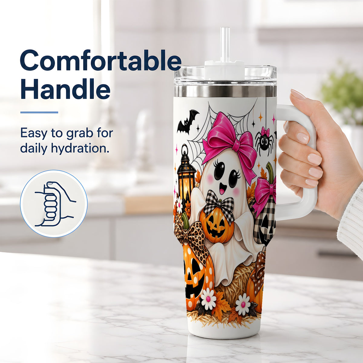 #pl[40oz|White] Cute Halloween Ghost 40oz Handled Tumbler with Pumpkin and Bow Artwork