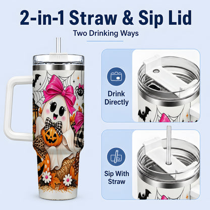 #pl[40oz|White] Cute Halloween Ghost 40oz Handled Tumbler with Pumpkin and Bow Artwork