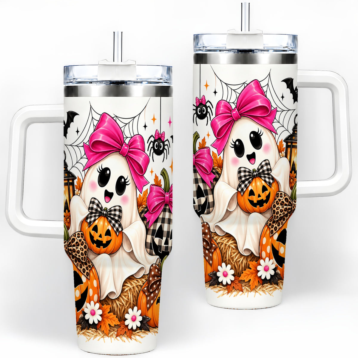 Cute Halloween Ghost 40oz Handled Tumbler with Pumpkin and Bow Artwork
