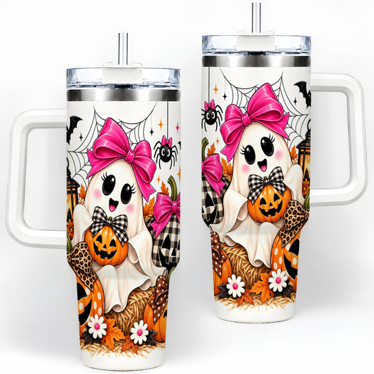 Cute Halloween Ghost 40oz Handled Tumbler with Pumpkin and Bow Artwork