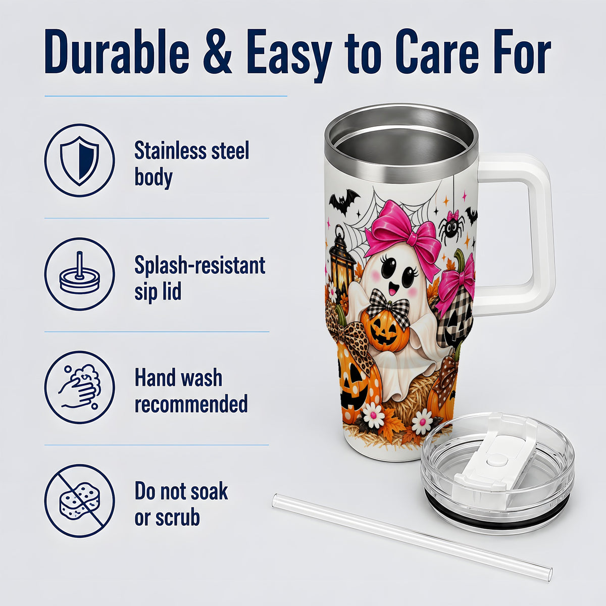 Cute Halloween Ghost 40oz Handled Tumbler with Pumpkin and Bow Artwork