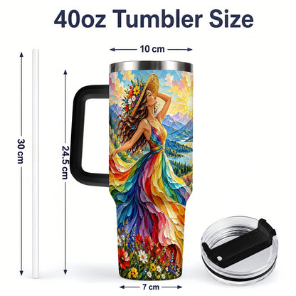 #pl[40oz|Black] Rainbow Dress Woman 40oz Handled Tumbler with Mountain Landscape Art