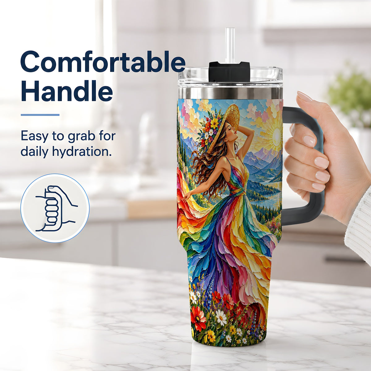 #pl[40oz|Black] Rainbow Dress Woman 40oz Handled Tumbler with Mountain Landscape Art