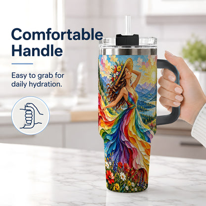 #pl[40oz|Black] Rainbow Dress Woman 40oz Handled Tumbler with Mountain Landscape Art