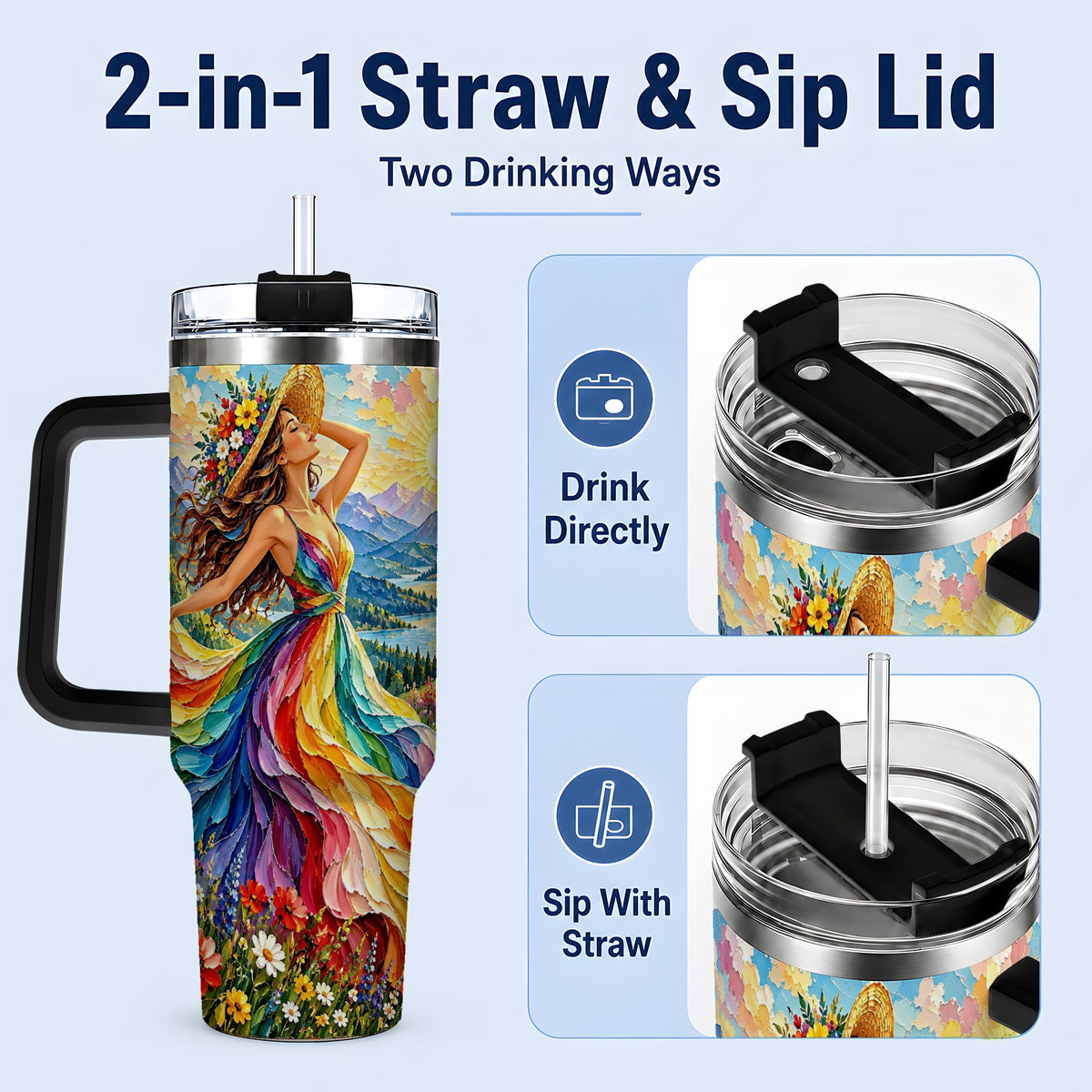 #pl[40oz|Black] Rainbow Dress Woman 40oz Handled Tumbler with Mountain Landscape Art