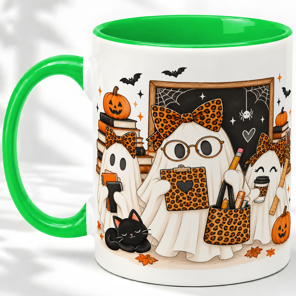 #pl[11oz|Green] Leopard Ghost Teacher Halloween Ceramic Mug
