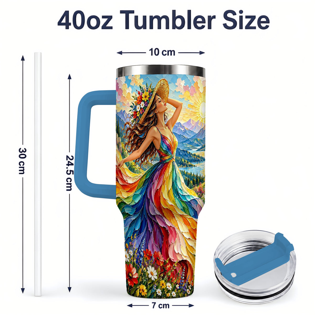 #pl[40oz|Blue] Rainbow Dress Woman 40oz Handled Tumbler with Mountain Landscape Art