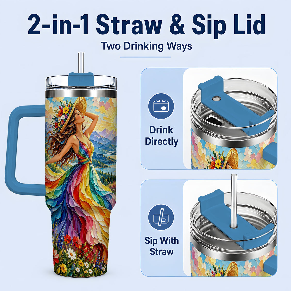 #pl[40oz|Blue] Rainbow Dress Woman 40oz Handled Tumbler with Mountain Landscape Art