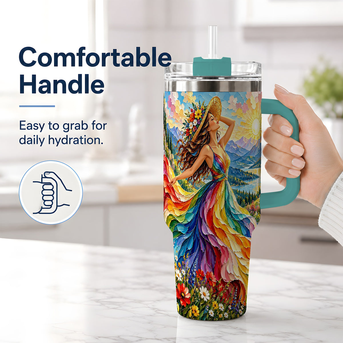 #pl[40oz|Green] Rainbow Dress Woman 40oz Handled Tumbler with Mountain Landscape Art