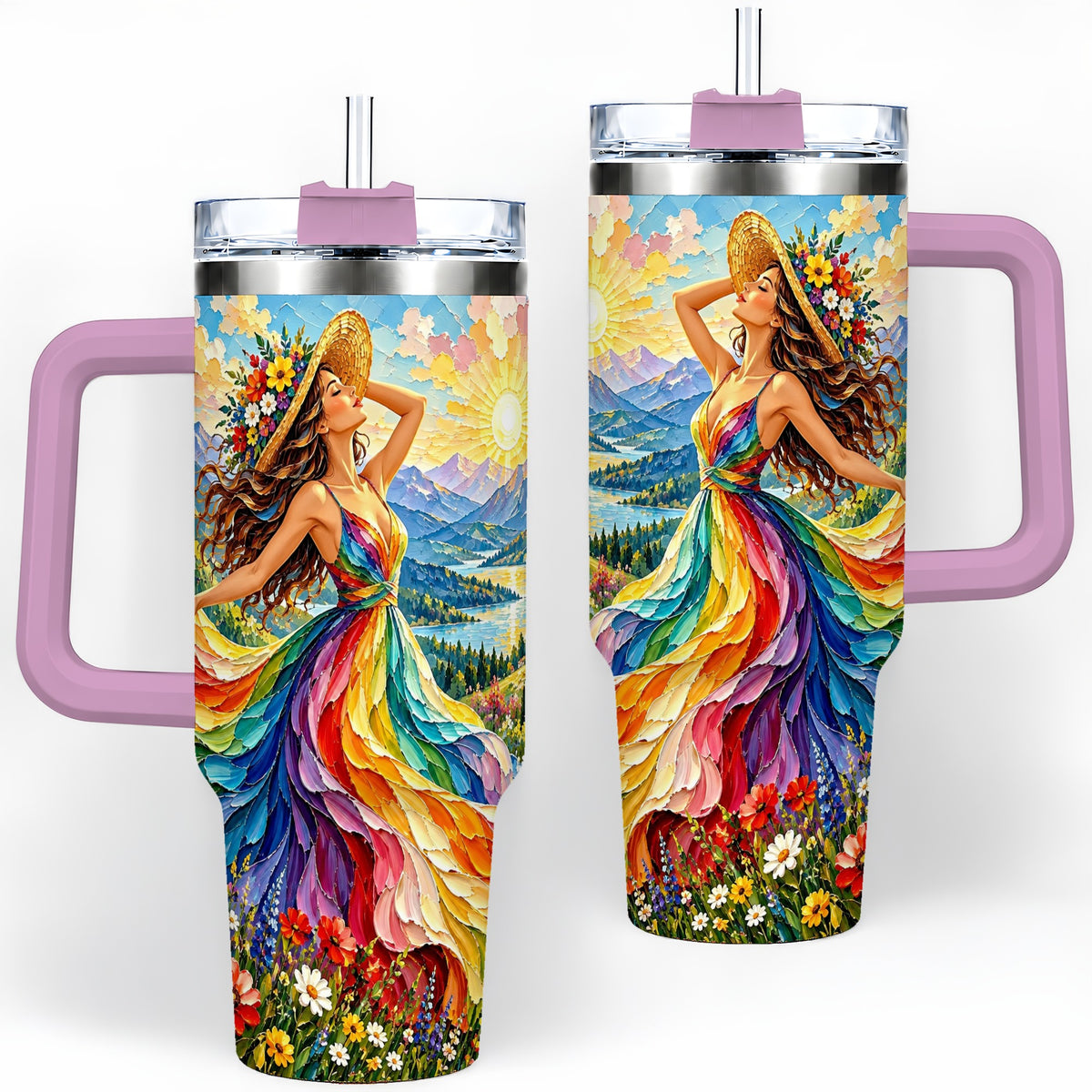 #pl[40oz|Pink] Rainbow Dress Woman 40oz Handled Tumbler with Mountain Landscape Art