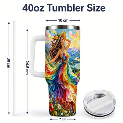 #pl[40oz|White] Rainbow Dress Woman 40oz Handled Tumbler with Mountain Landscape Art