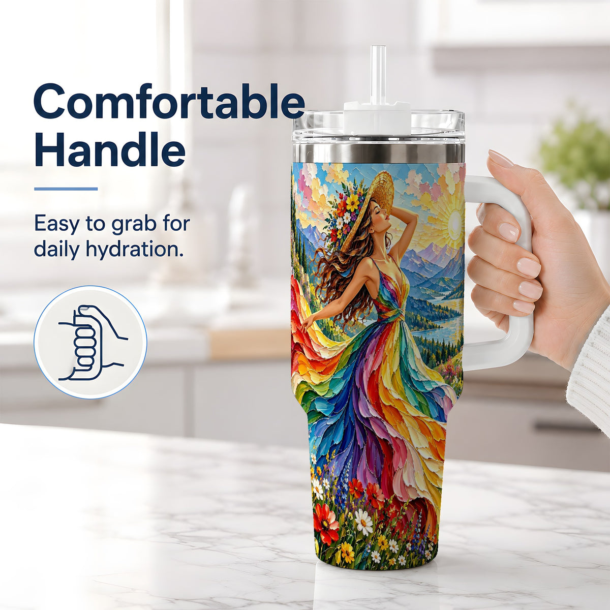 #pl[40oz|White] Rainbow Dress Woman 40oz Handled Tumbler with Mountain Landscape Art