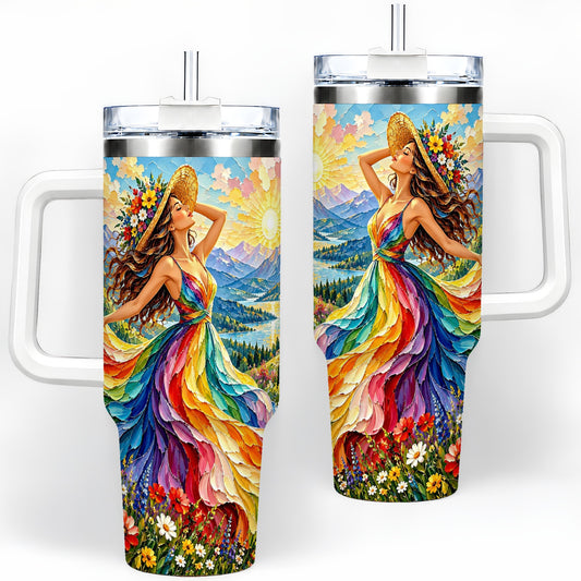 Rainbow Dress Woman 40oz Handled Tumbler with Mountain Landscape Art
