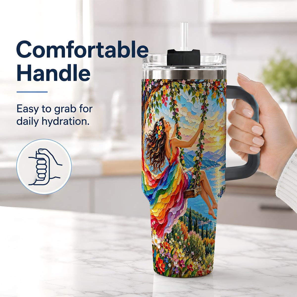 #pl[40oz|Black] Rainbow Swing Woman 40oz Handled Tumbler with Mountain Landscape Art