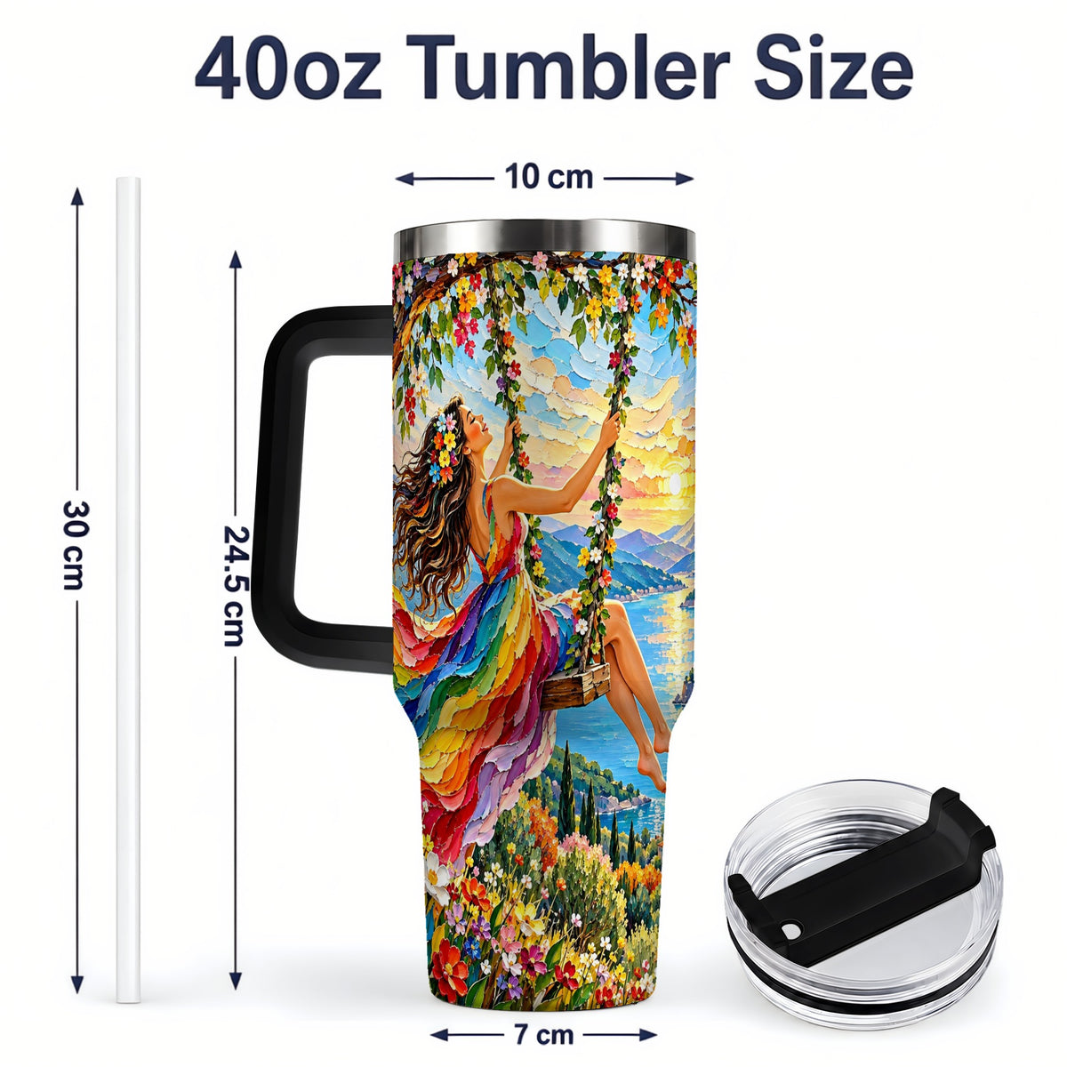 #pl[40oz|Black] Rainbow Swing Woman 40oz Handled Tumbler with Mountain Landscape Art