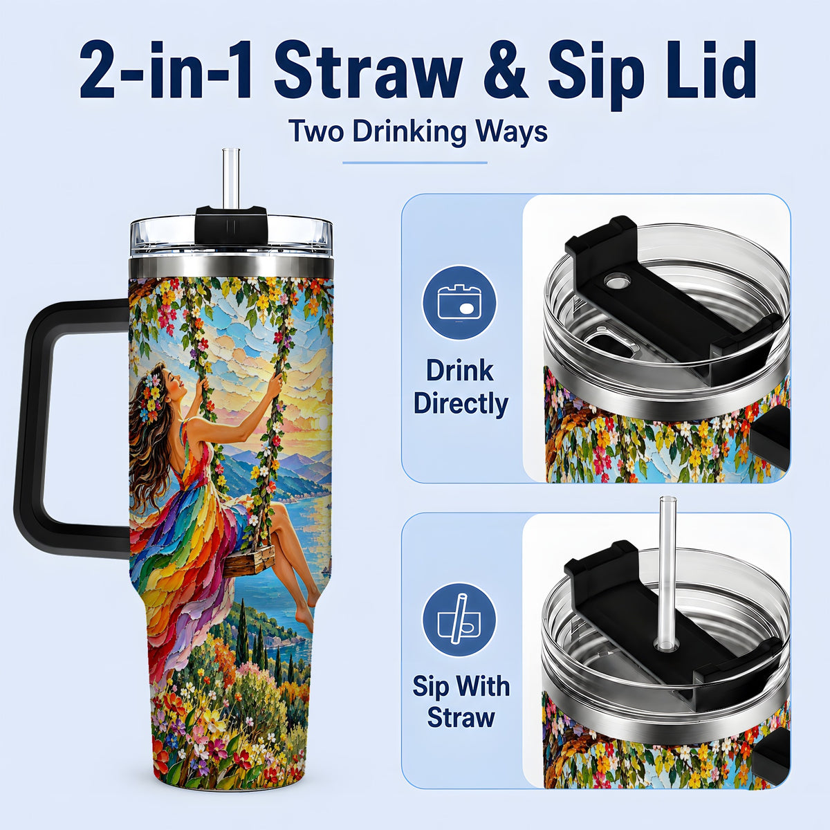 #pl[40oz|Black] Rainbow Swing Woman 40oz Handled Tumbler with Mountain Landscape Art
