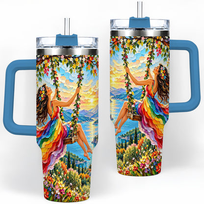 #pl[40oz|Blue] Rainbow Swing Woman 40oz Handled Tumbler with Mountain Landscape Art