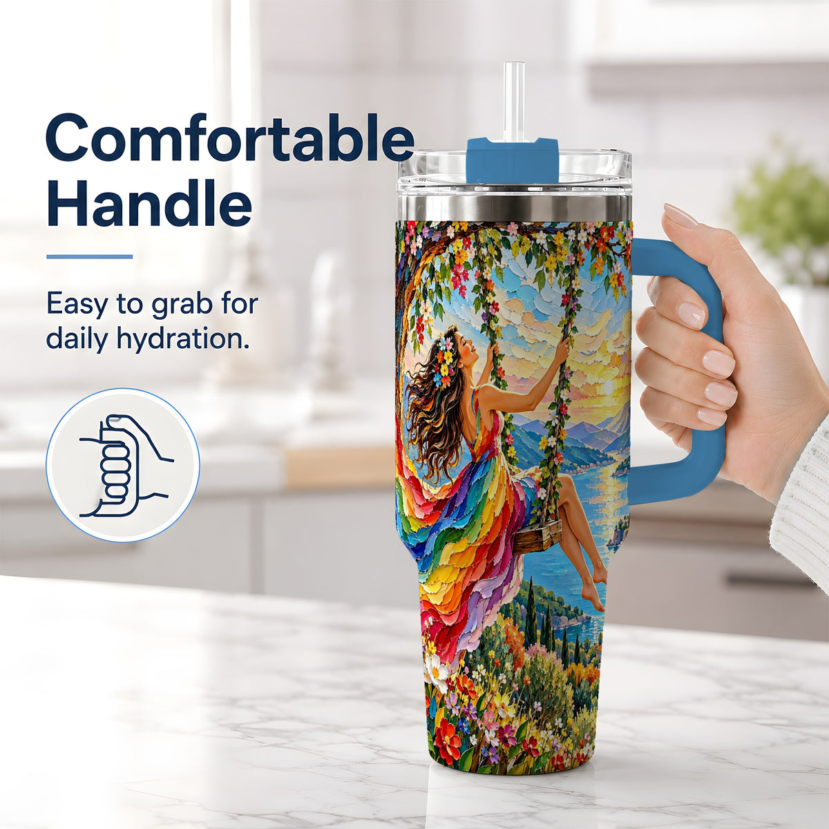 #pl[40oz|Blue] Rainbow Swing Woman 40oz Handled Tumbler with Mountain Landscape Art