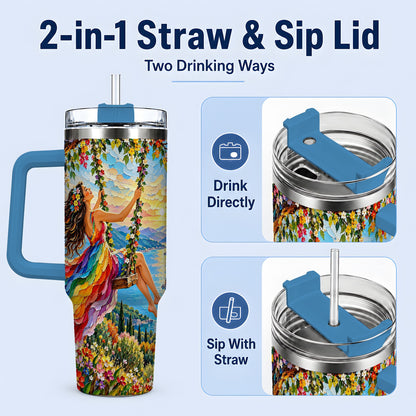 #pl[40oz|Blue] Rainbow Swing Woman 40oz Handled Tumbler with Mountain Landscape Art
