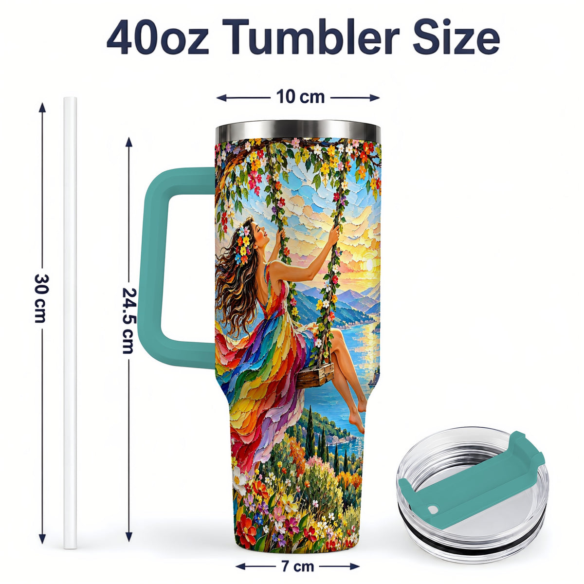 #pl[40oz|Green] Rainbow Swing Woman 40oz Handled Tumbler with Mountain Landscape Art