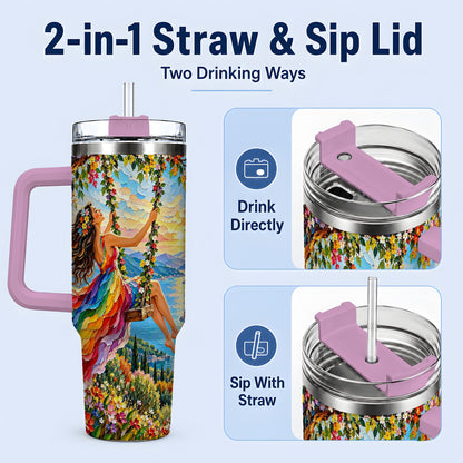 #pl[40oz|Pink] Rainbow Swing Woman 40oz Handled Tumbler with Mountain Landscape Art