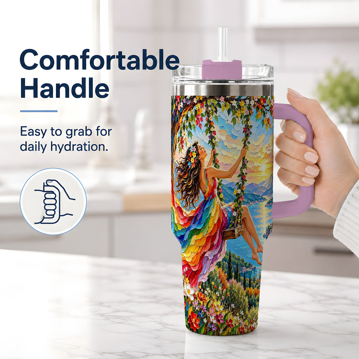 #pl[40oz|Pink] Rainbow Swing Woman 40oz Handled Tumbler with Mountain Landscape Art