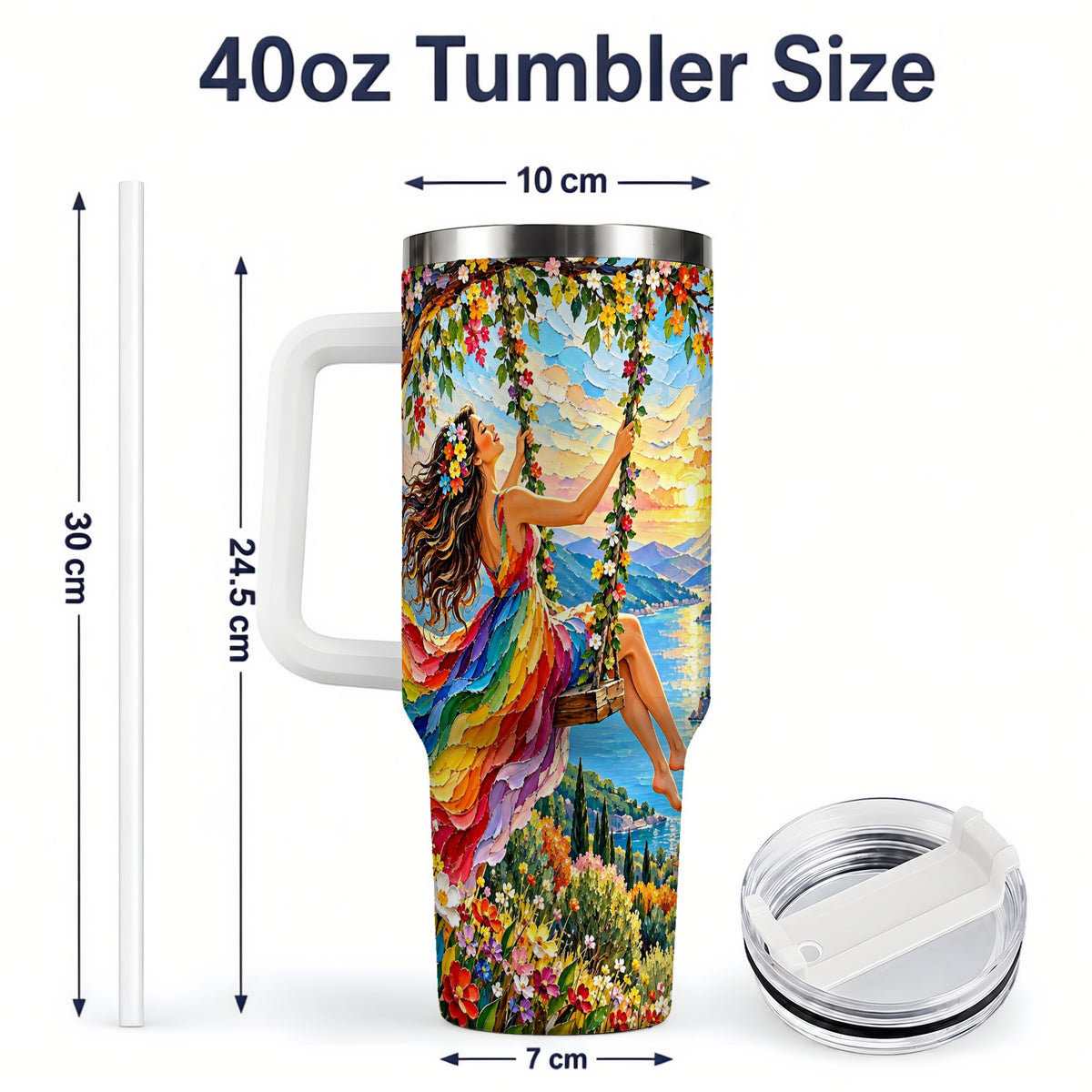 #pl[40oz|White] Rainbow Swing Woman 40oz Handled Tumbler with Mountain Landscape Art