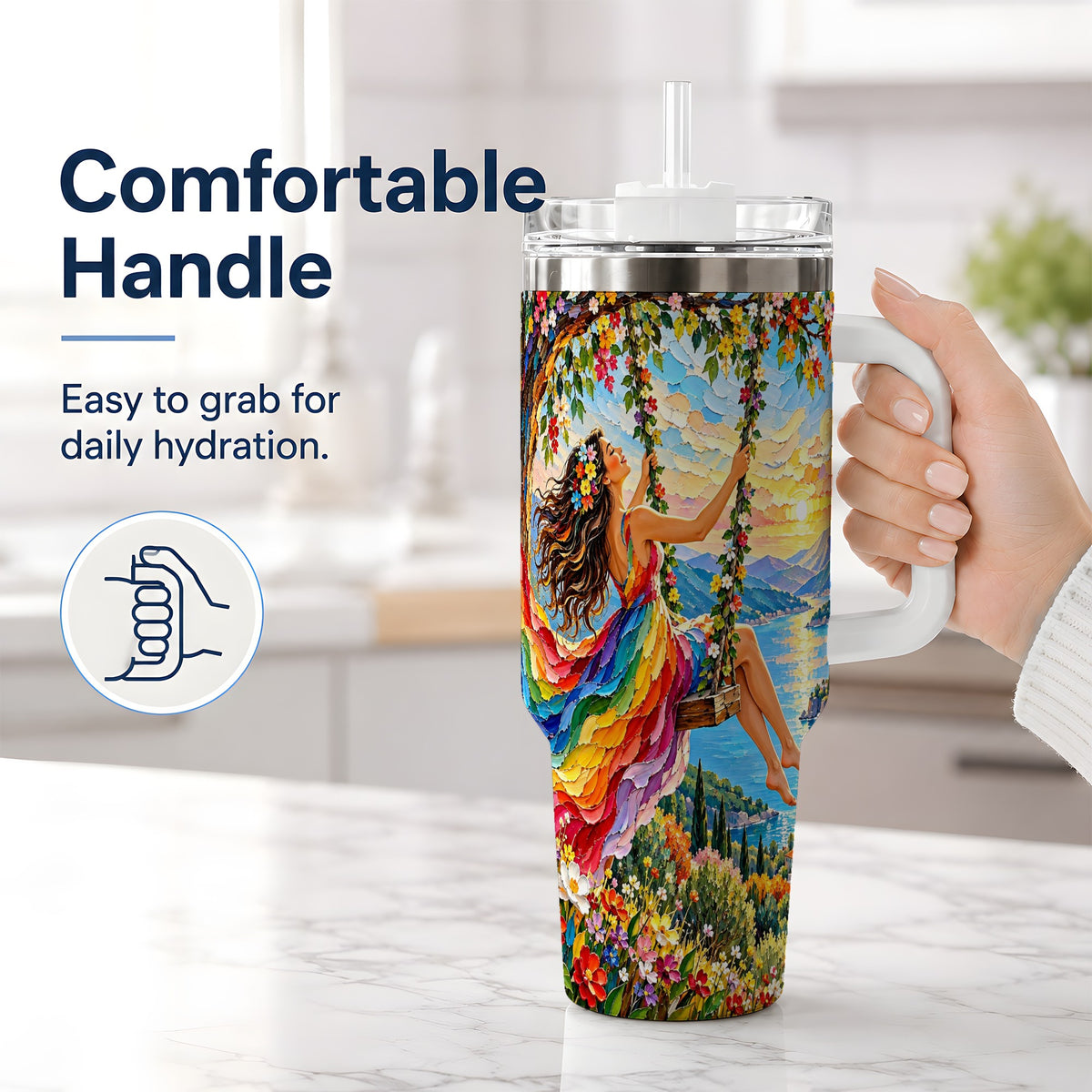 #pl[40oz|White] Rainbow Swing Woman 40oz Handled Tumbler with Mountain Landscape Art