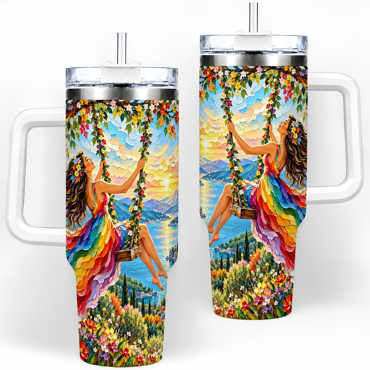 Rainbow Swing Woman 40oz Handled Tumbler with Mountain Landscape Art