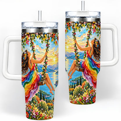 Rainbow Swing Woman 40oz Handled Tumbler with Mountain Landscape Art