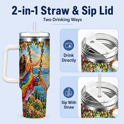 #pl[40oz|White] Rainbow Swing Woman 40oz Handled Tumbler with Mountain Landscape Art