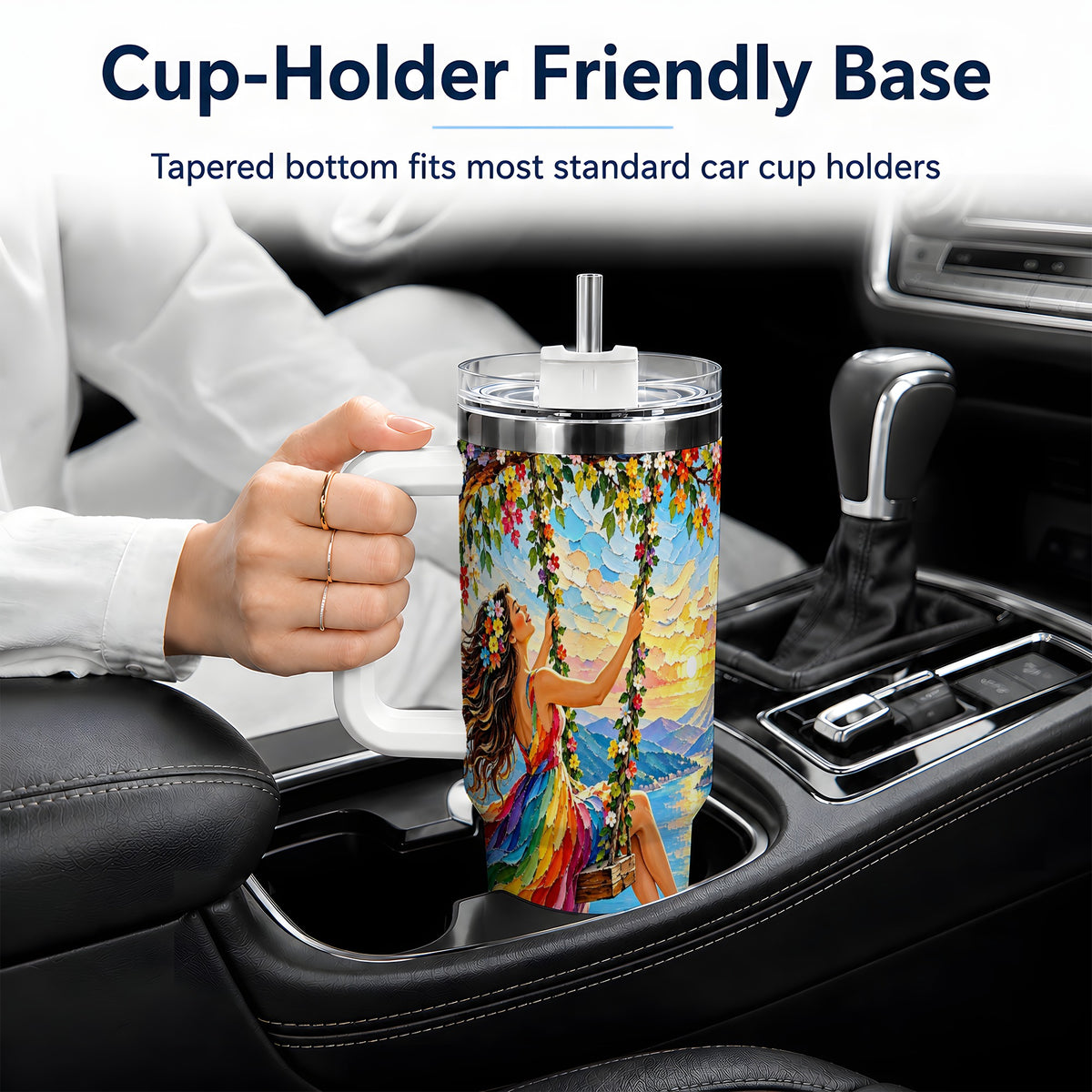 Rainbow Swing Woman 40oz Handled Tumbler with Mountain Landscape Art