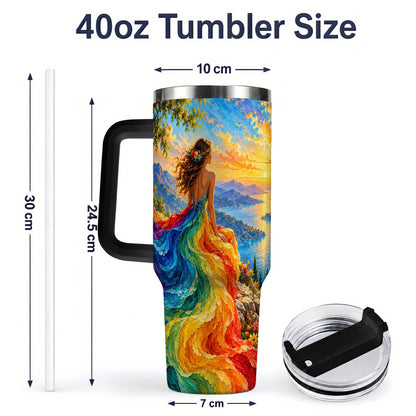 #pl[40oz|Black] Rainbow Sunset Woman 40oz Handled Tumbler with Sunset Lake Artwork