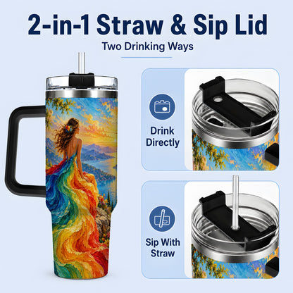 #pl[40oz|Black] Rainbow Sunset Woman 40oz Handled Tumbler with Sunset Lake Artwork