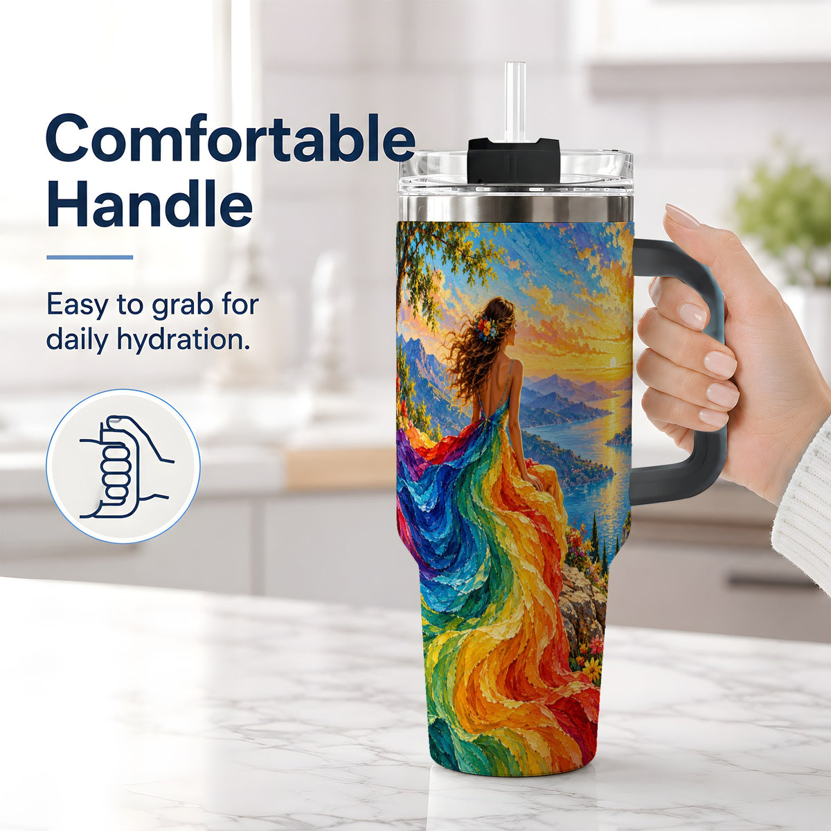 #pl[40oz|Black] Rainbow Sunset Woman 40oz Handled Tumbler with Sunset Lake Artwork