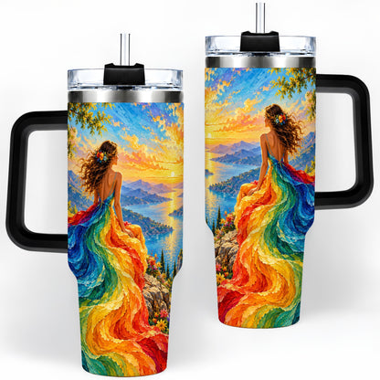 #pl[40oz|Black] Rainbow Sunset Woman 40oz Handled Tumbler with Sunset Lake Artwork