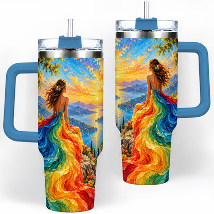 #pl[40oz|Blue] Rainbow Sunset Woman 40oz Handled Tumbler with Sunset Lake Artwork