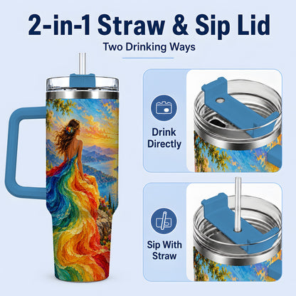 #pl[40oz|Blue] Rainbow Sunset Woman 40oz Handled Tumbler with Sunset Lake Artwork