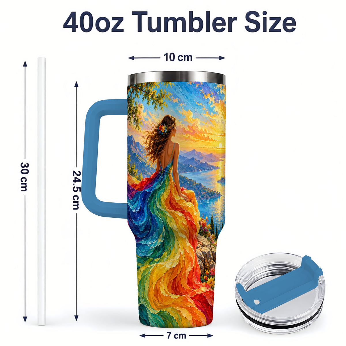 #pl[40oz|Blue] Rainbow Sunset Woman 40oz Handled Tumbler with Sunset Lake Artwork