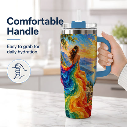 #pl[40oz|Blue] Rainbow Sunset Woman 40oz Handled Tumbler with Sunset Lake Artwork