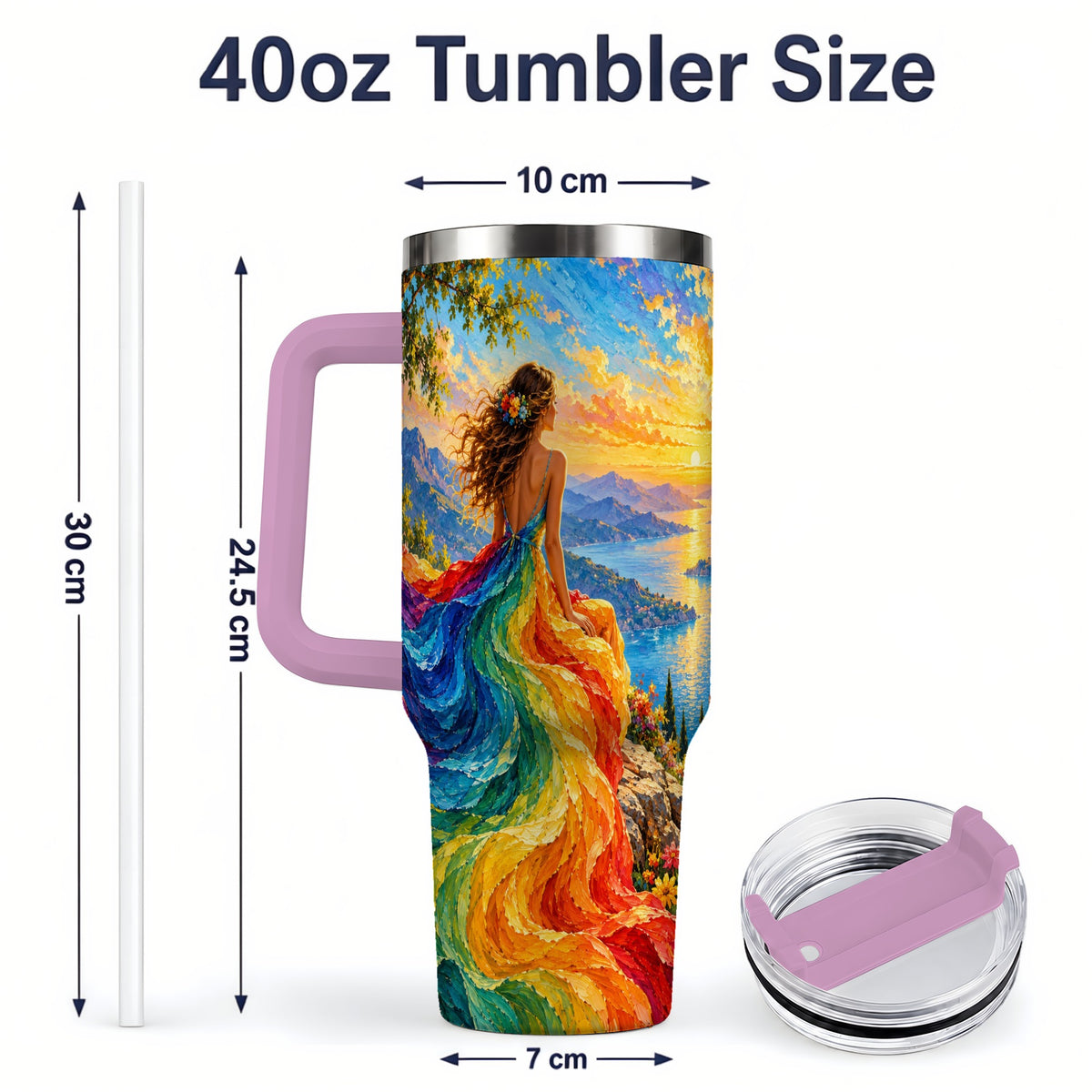 #pl[40oz|Pink] Rainbow Sunset Woman 40oz Handled Tumbler with Sunset Lake Artwork