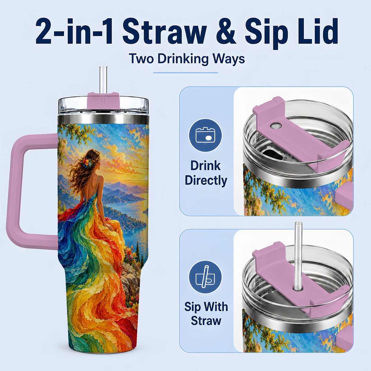 #pl[40oz|Pink] Rainbow Sunset Woman 40oz Handled Tumbler with Sunset Lake Artwork