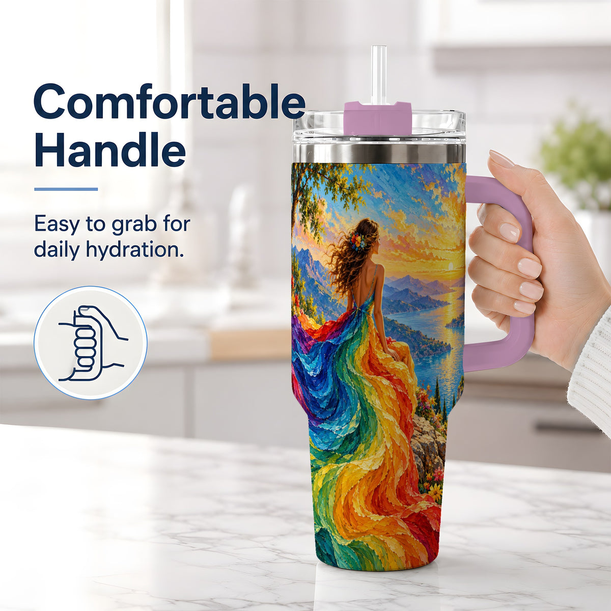 #pl[40oz|Pink] Rainbow Sunset Woman 40oz Handled Tumbler with Sunset Lake Artwork