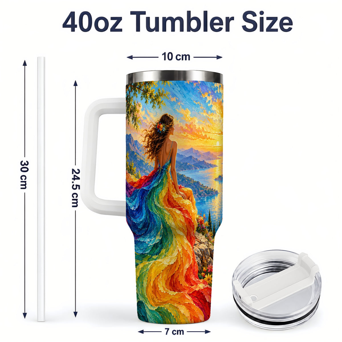 #pl[40oz|White] Rainbow Sunset Woman 40oz Handled Tumbler with Sunset Lake Artwork