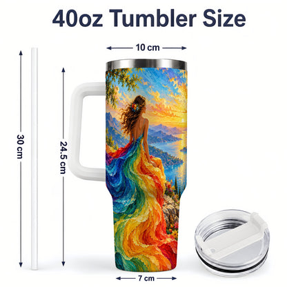 #pl[40oz|White] Rainbow Sunset Woman 40oz Handled Tumbler with Sunset Lake Artwork
