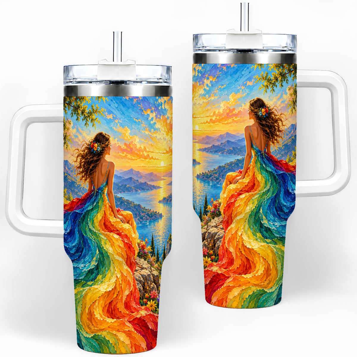 Rainbow Sunset Woman 40oz Handled Tumbler with Sunset Lake Artwork