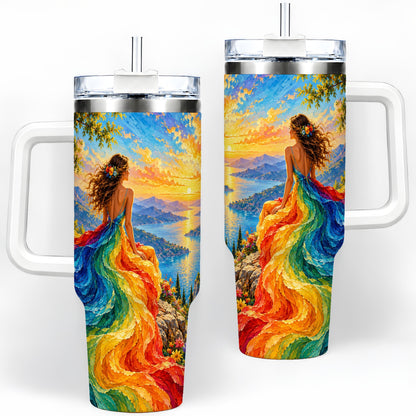 Rainbow Sunset Woman 40oz Handled Tumbler with Sunset Lake Artwork