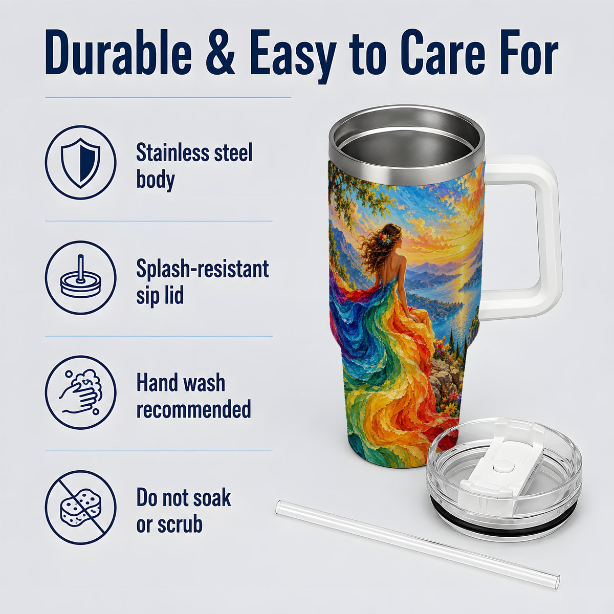 Rainbow Sunset Woman 40oz Handled Tumbler with Sunset Lake Artwork