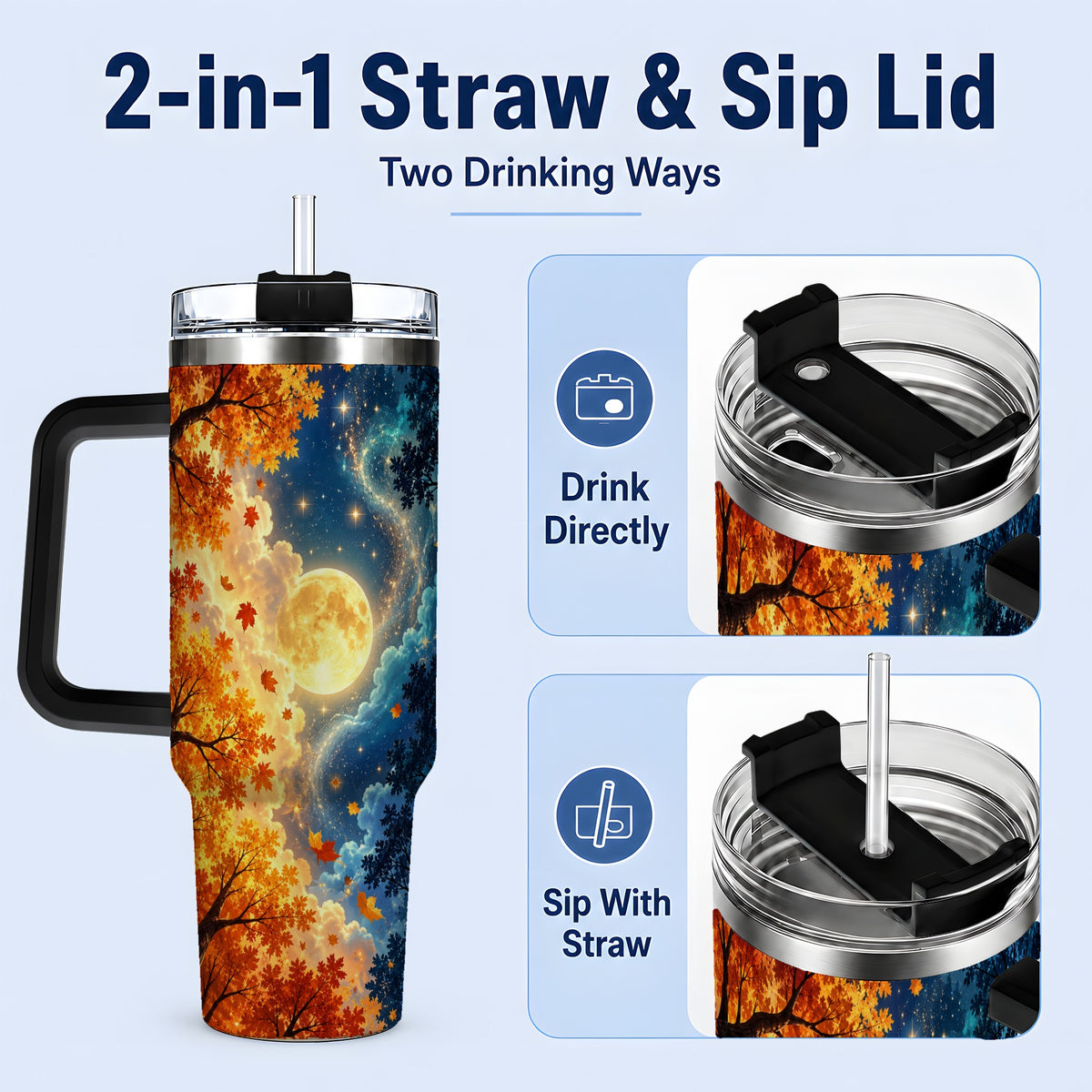 #pl[40oz|Black] Autumn Moon Forest 40oz Handled Tumbler with Starry Night Artwork